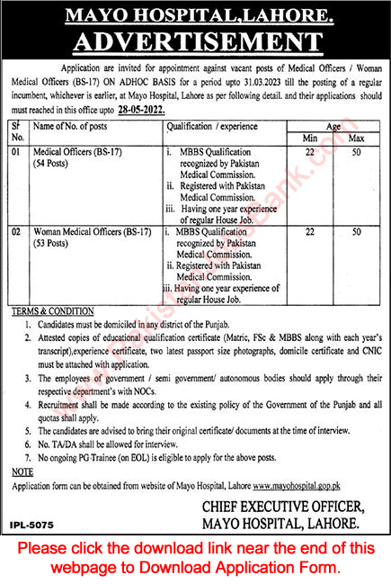 Medical Officer Jobs In Mayo Hospital Lahore May Application Form